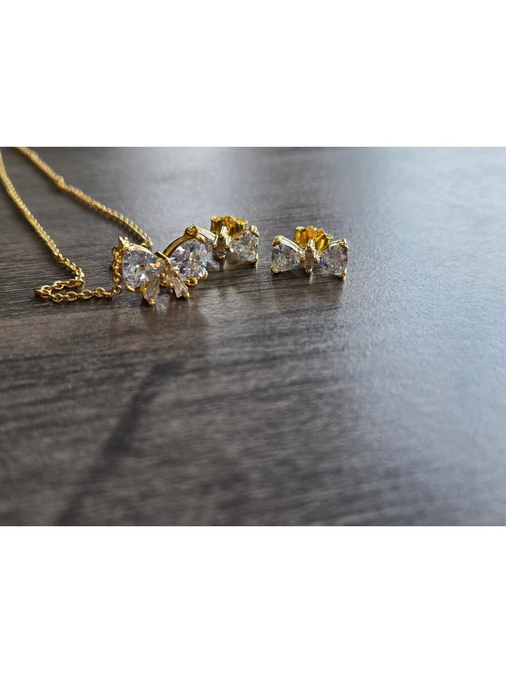 Sparkling bow necklace and earring set pandora gold plated